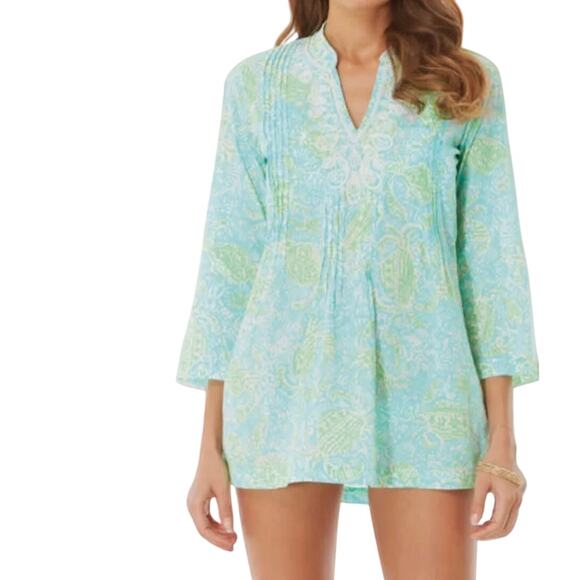 LILLY PULITZER Womans Sarasota Beaded Get Crackin Blue Lime Tunic Top XS - Picture 1 of 7